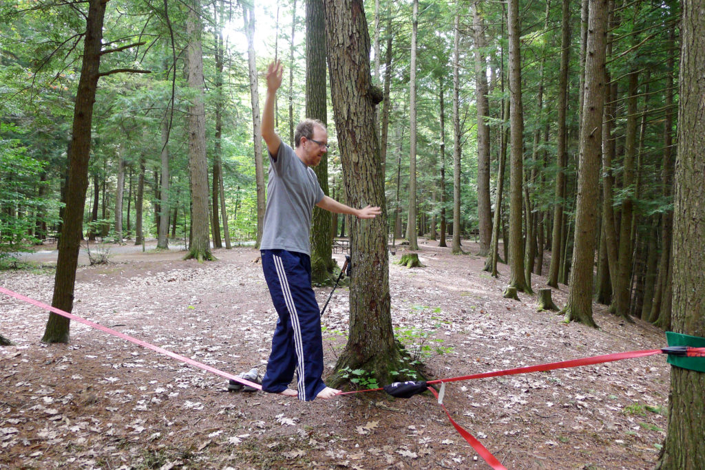 Trying out the slackline. Pardon my disheveled appearance - I haven't showered in a few days!