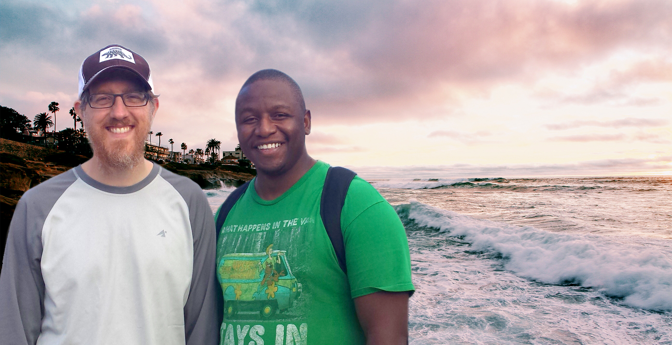 Andrew Brokos & Carlos Welch with ocean image behind them